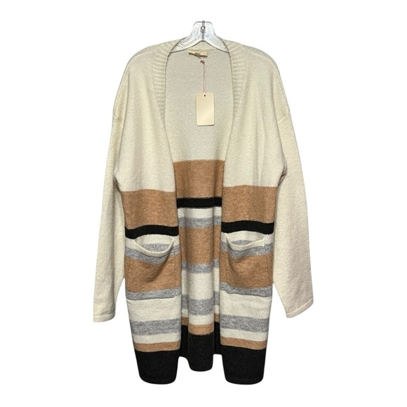 Entro Color Block Longline Open Front Knit Cardigan Beige Tan Grey Black Large - Picture 3 of 7